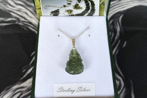 Close-up of Moldavite pendant for sale at Sacred Senses Ireland