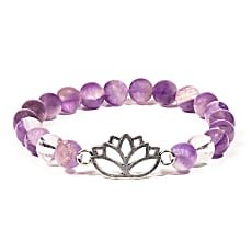 Chevron Amethyst and Clear Quartz  Bead Bracelet with Lotus Charm