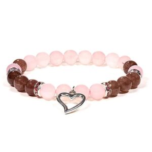 Rose Quartz and Strawberry Quartz Bead Bracelet with Heart Charm