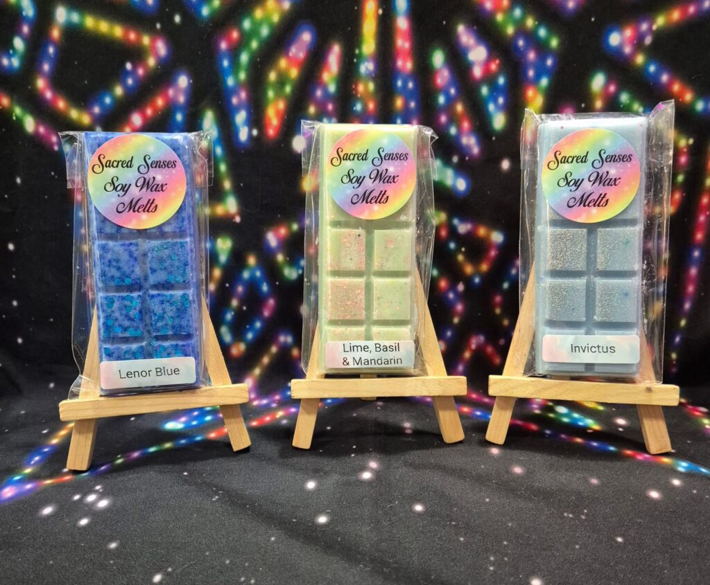 Eco soy wax melts with Sacred Senses label, beautifully packaged and artisan made in Ireland