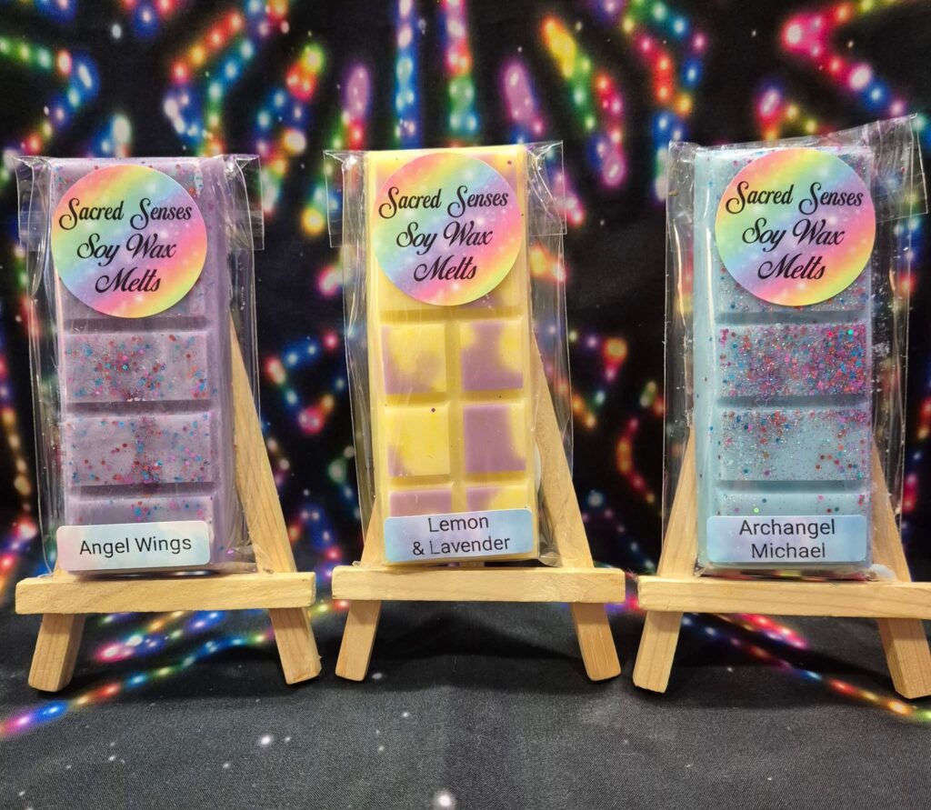 Colourful display of handmade wax melts in-store at Sacred Senses, crafted with eco-friendly soy wax