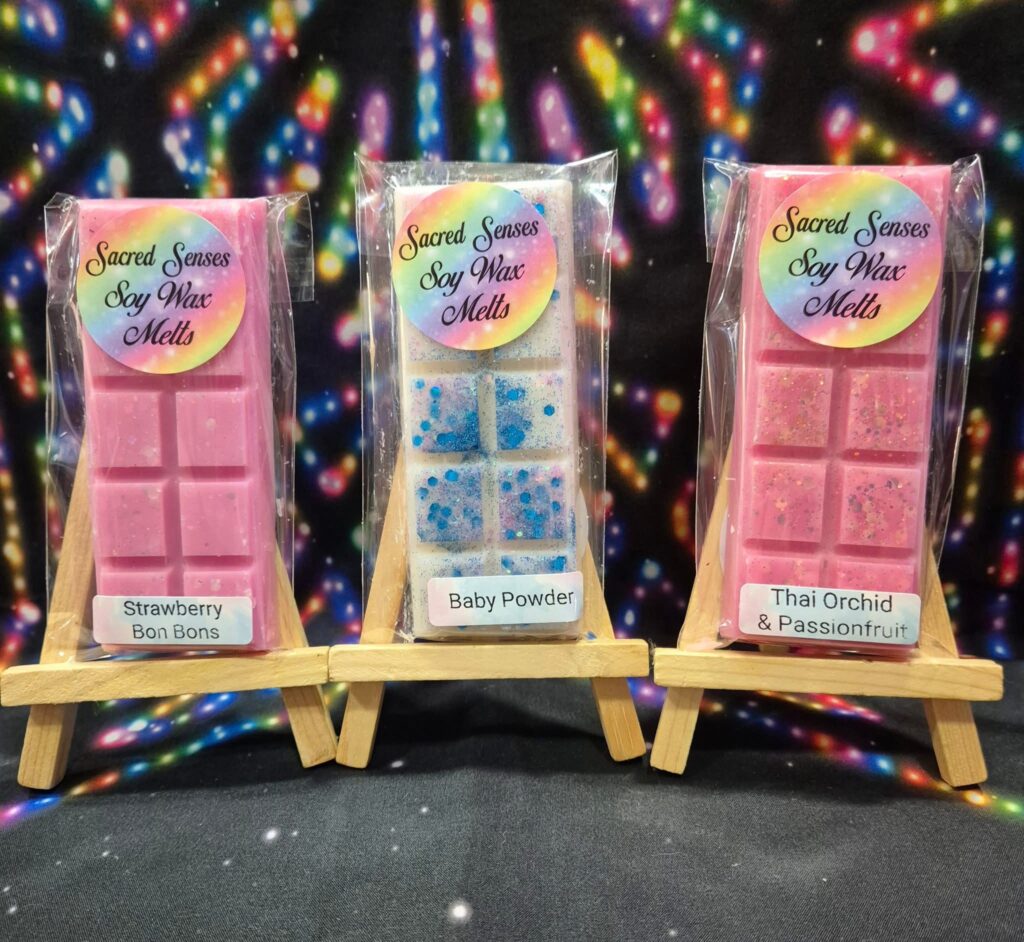 Hand-poured soy wax melt snap bar with biodegradable glitter, made in-store at Sacred Senses